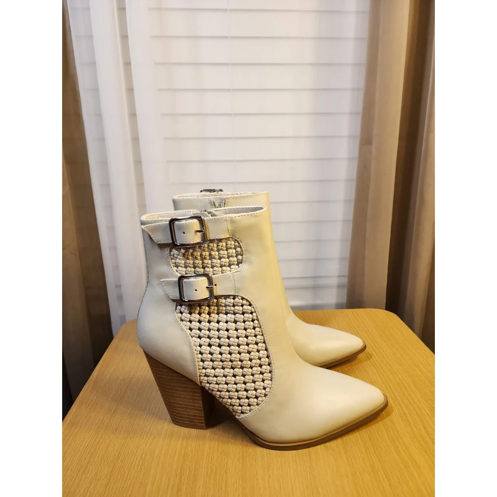 Steve Madden LEATHER Modern Buckle Weaved Western Boots Bootie 10 M Ivory Bone